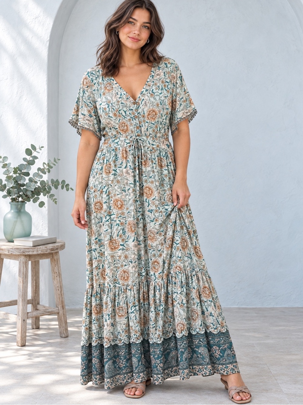 Aqua Teal Floral Border Print Button Front Kimono Sleeve Boho Maxi Dress L